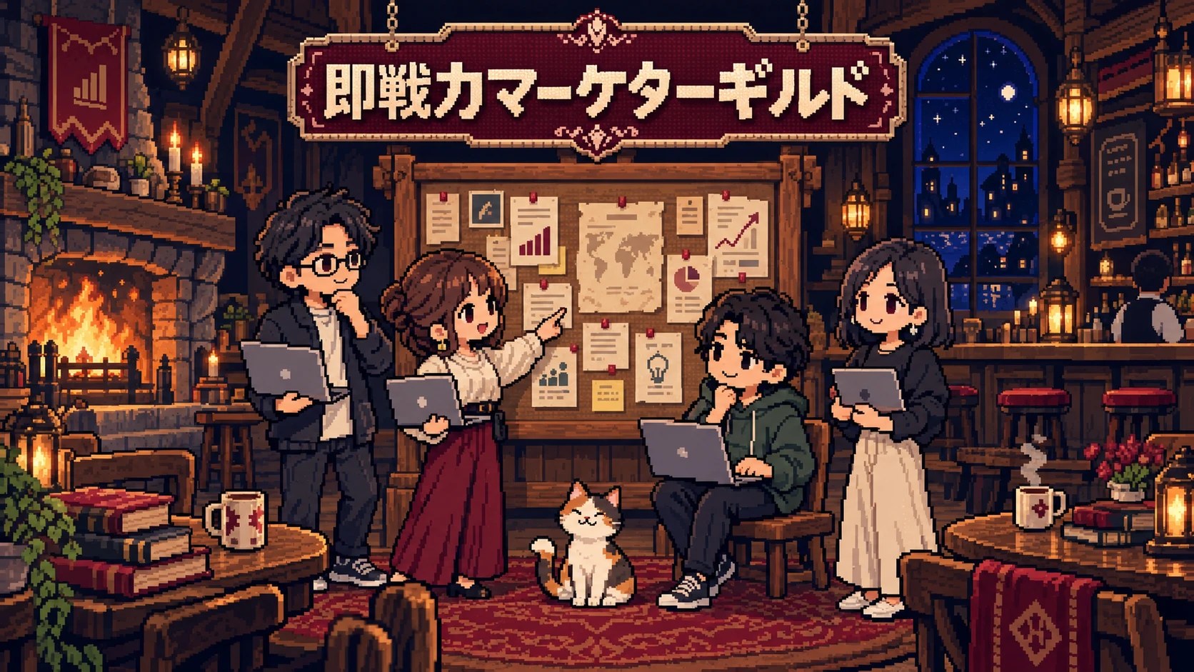 夜のギルド酒場。依頼書が貼られた掲示板の前で、ノートPCを持ったマーケターたちと猫が集う
